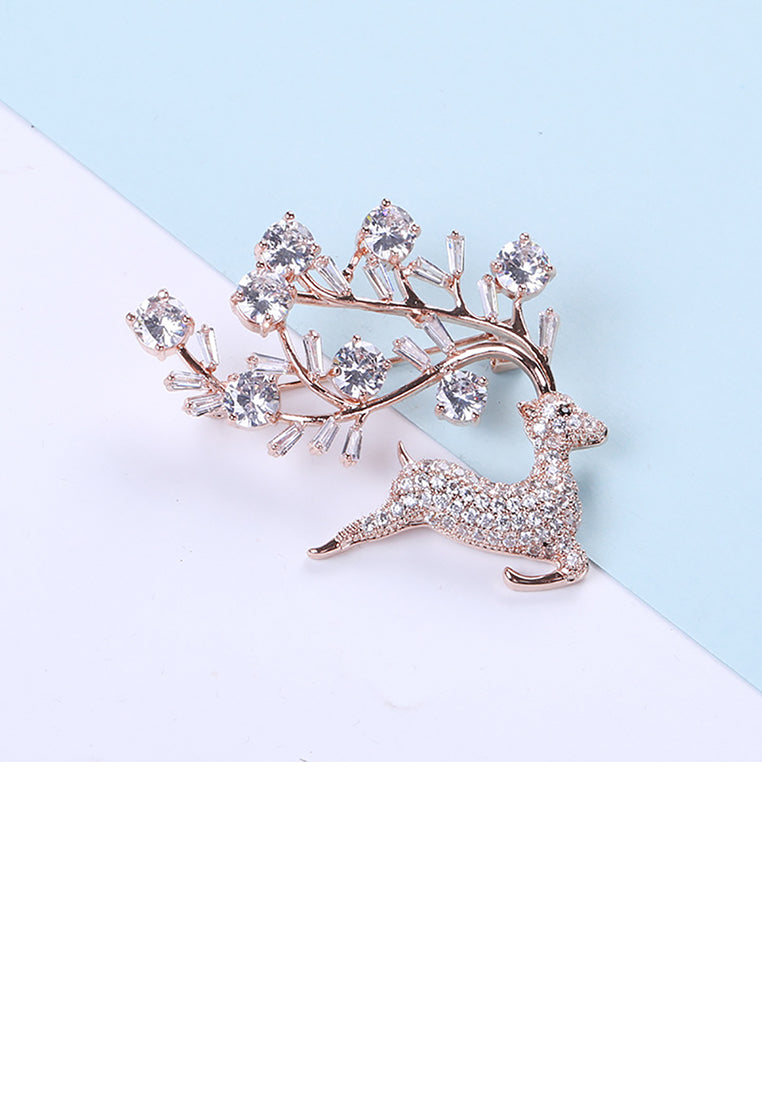 Fashion and Cute Plated Gold Sika Deer Brooch with Cubic Zirconia - Luxurious Look