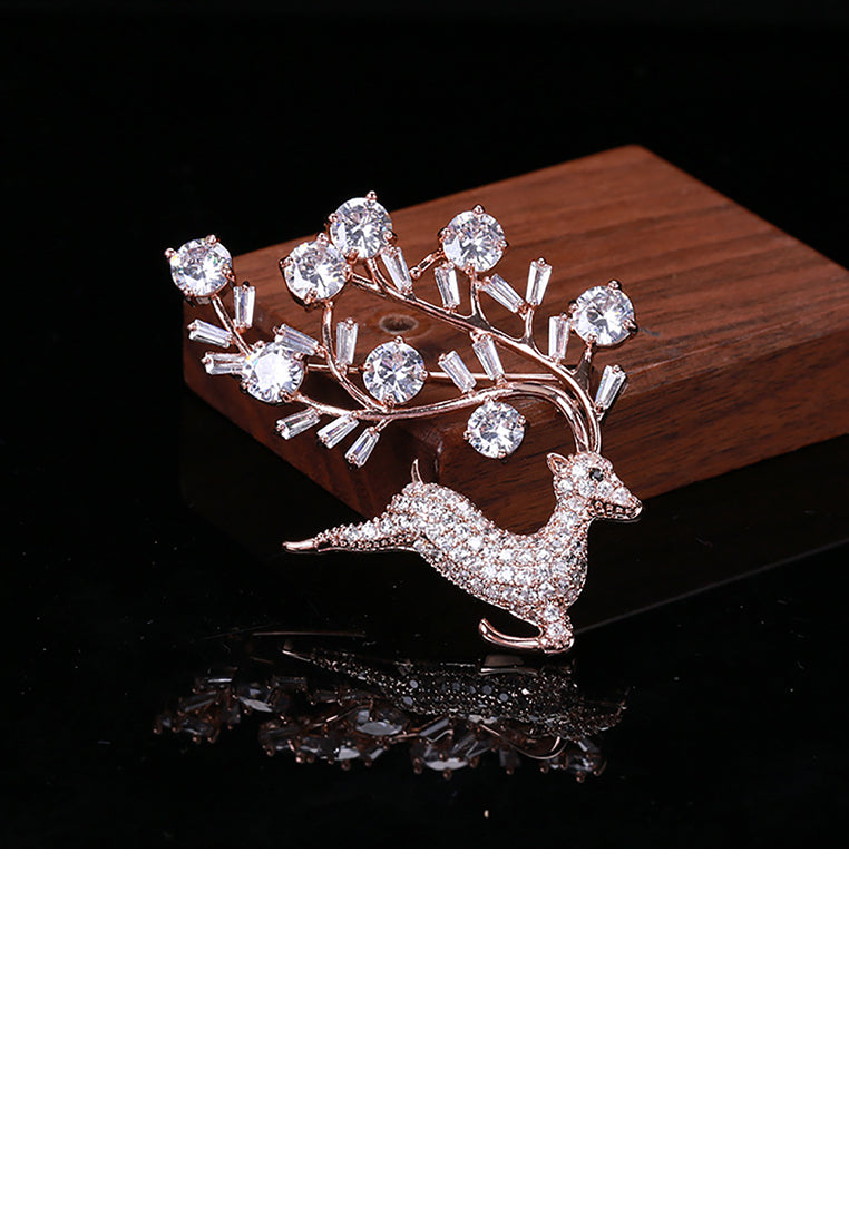 Fashion and Cute Plated Gold Sika Deer Brooch with Cubic Zirconia - Luxurious Look