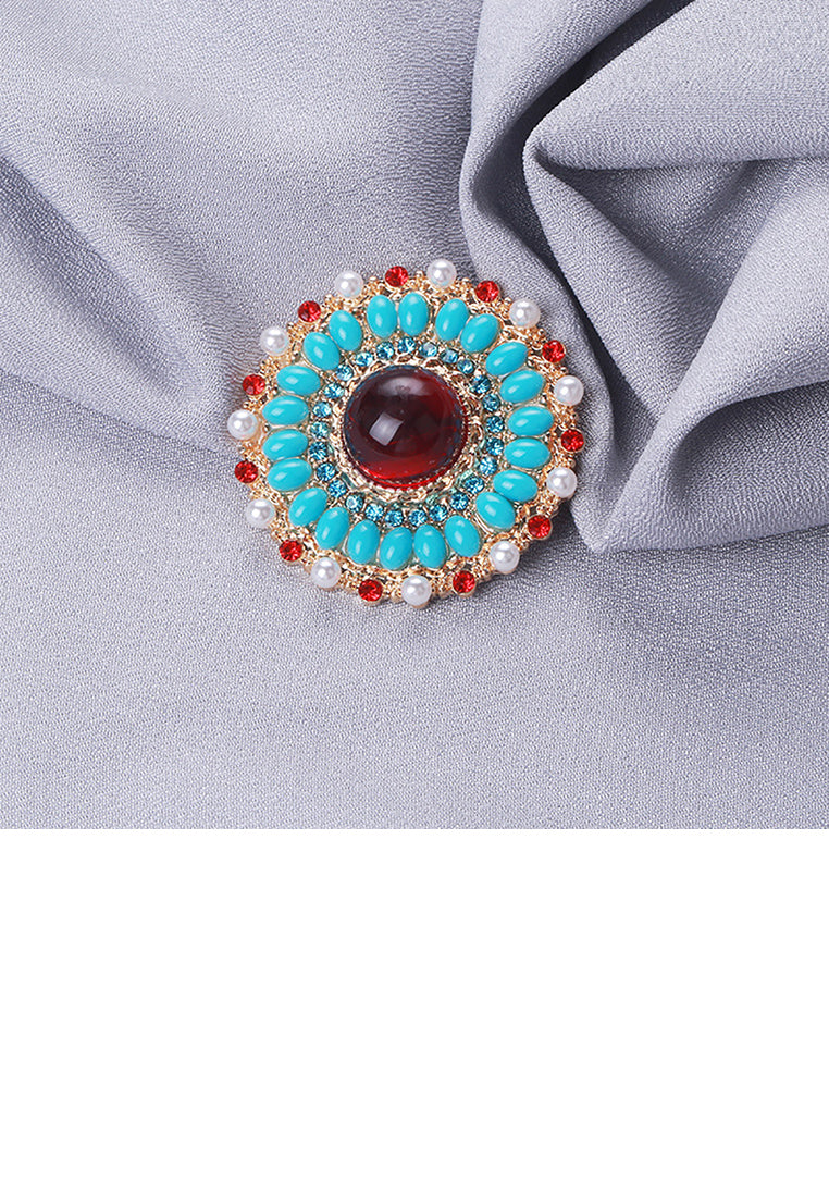 Elegant Vintage Plated Gold Geometric Round Imitation Pearl Brooch with Cubic Zirconia - Luxurious Look