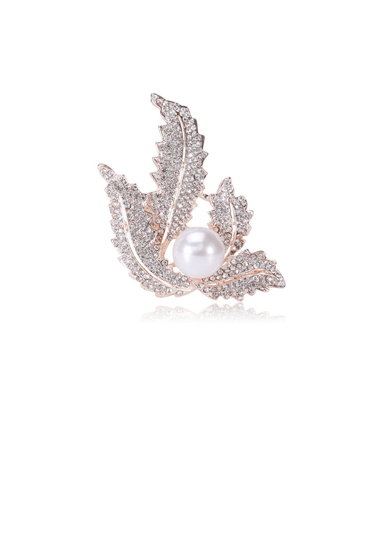 Fashion Bright Plated Gold Leaf Imitation Pearl Brooch with Cubic Zirconia - Luxurious Look