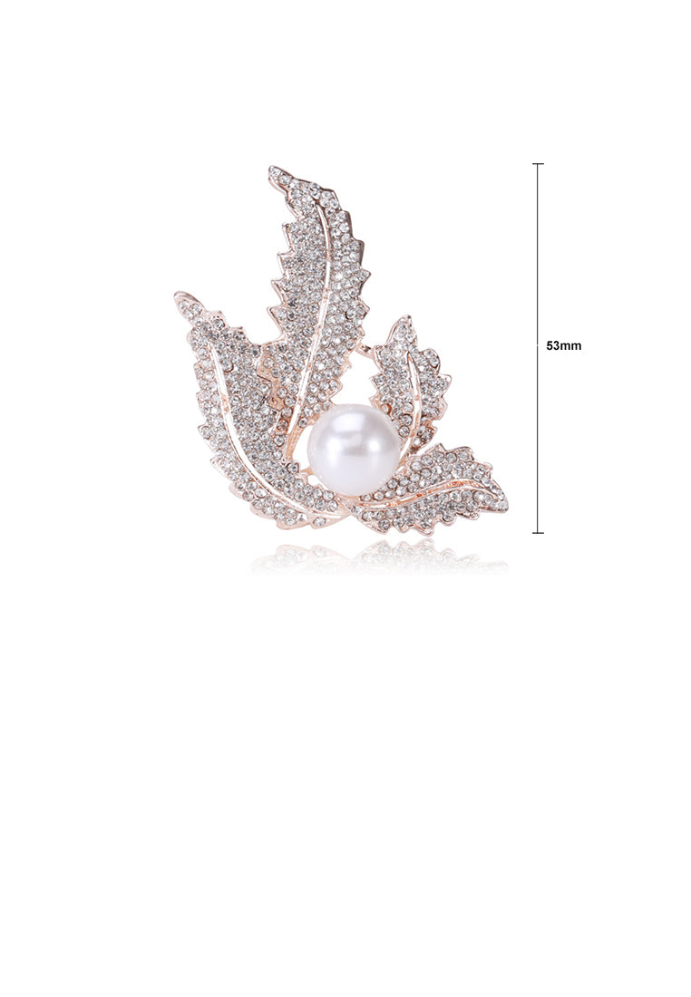 Fashion Bright Plated Gold Leaf Imitation Pearl Brooch with Cubic Zirconia - Luxurious Look