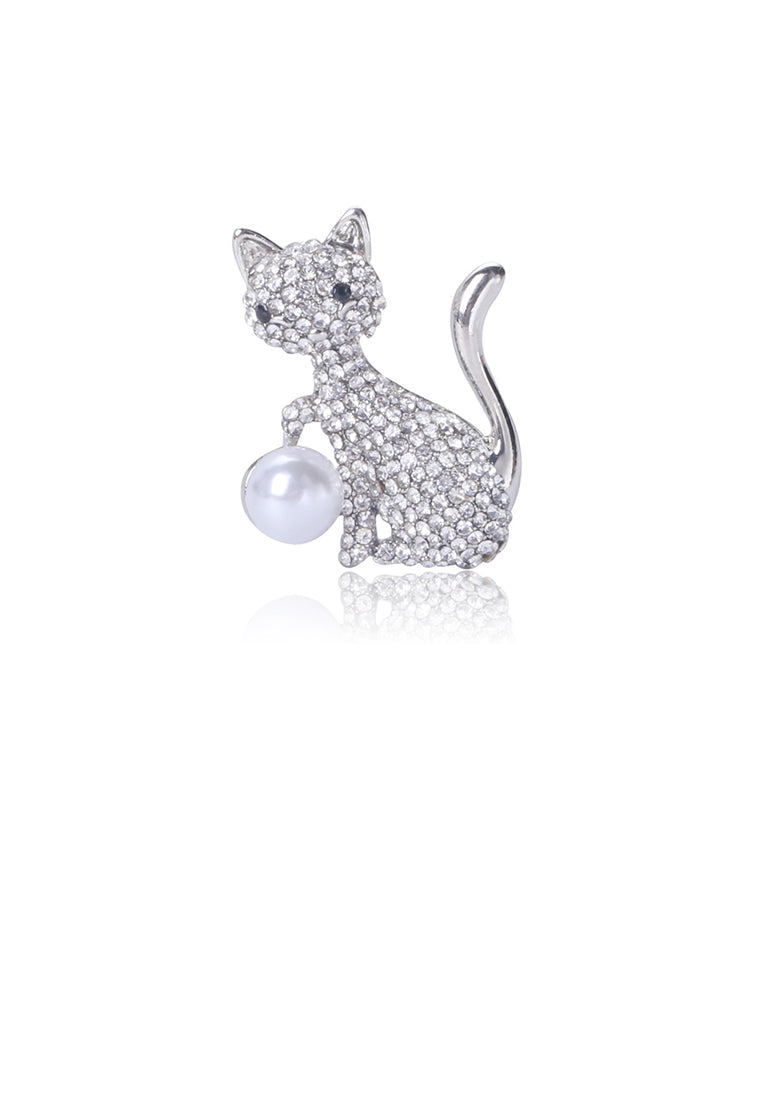 Bright and Cute Cat Imitation Pearl Brooch with Cubic Zirconia - Luxurious Look