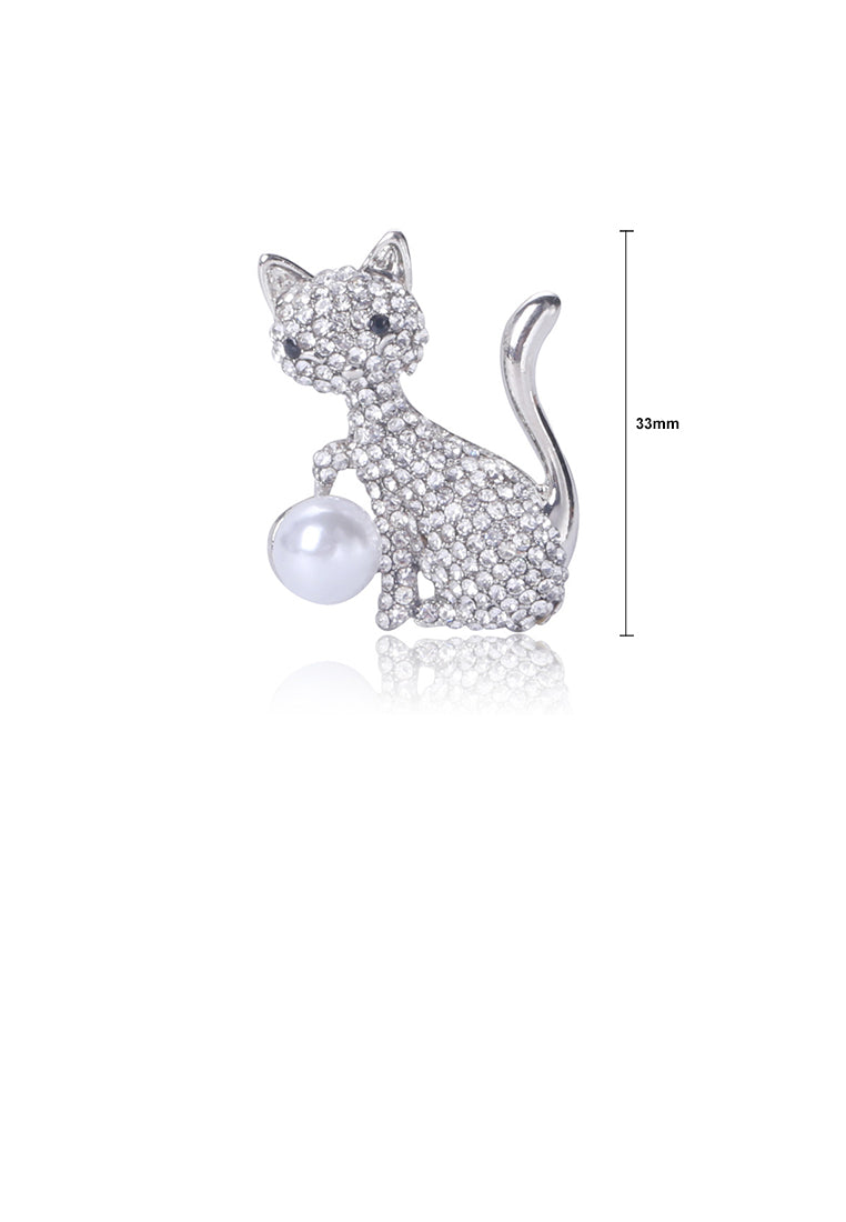 Bright and Cute Cat Imitation Pearl Brooch with Cubic Zirconia - Luxurious Look