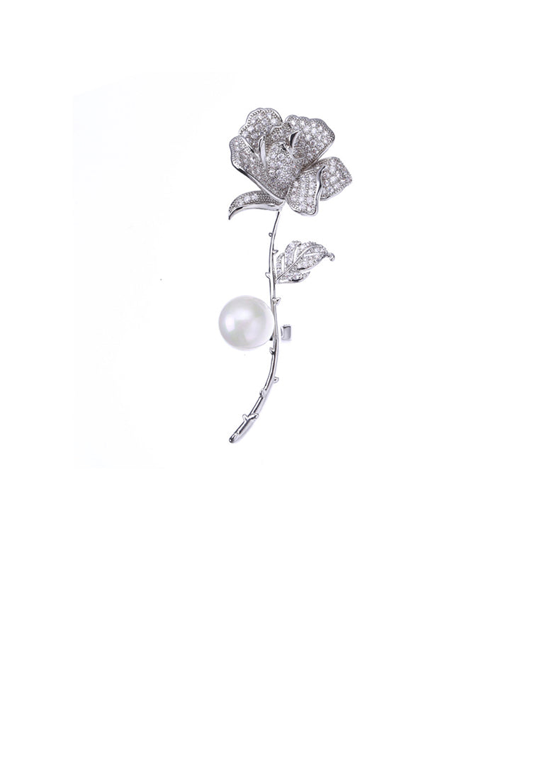 Fashion and Elegant Rose Flower Imitation Pearl Brooch with Cubic Zirconia - Luxurious Look