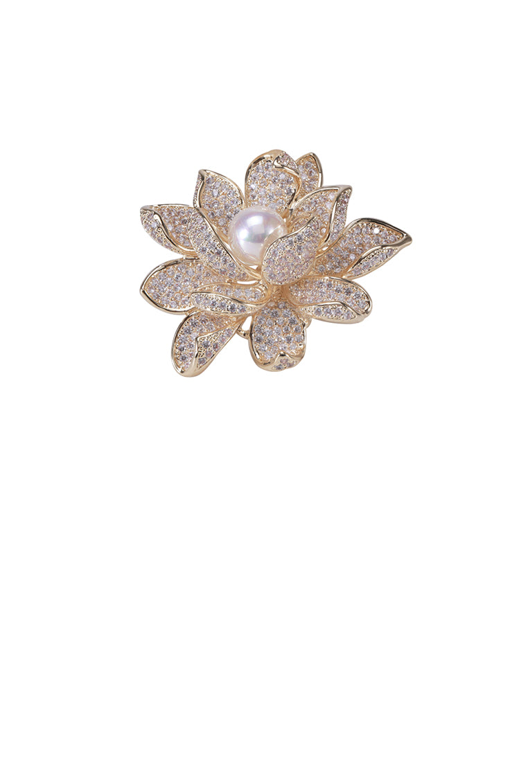 Fashion and Elegant Plated Gold Lotus White Imitation Pearl Brooch with Cubic Zirconia - Luxurious Look
