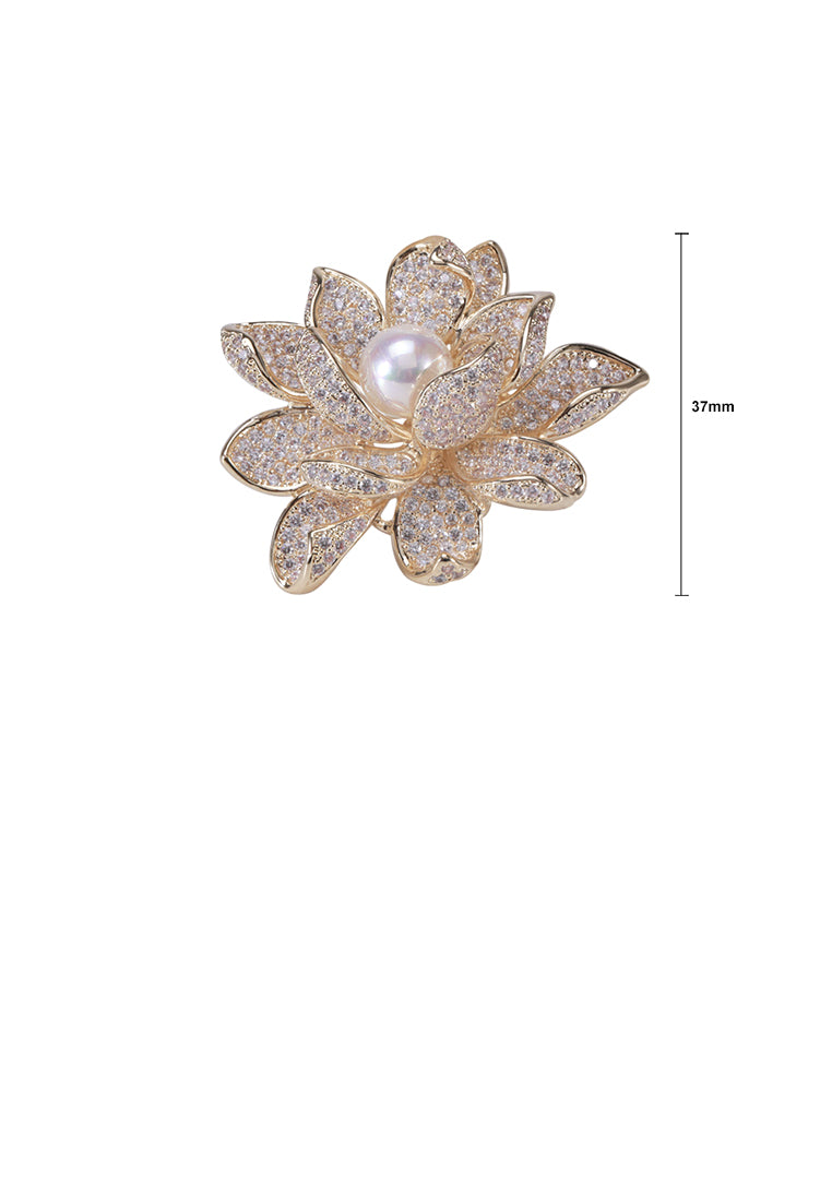 Fashion and Elegant Plated Gold Lotus White Imitation Pearl Brooch with Cubic Zirconia - Luxurious Look