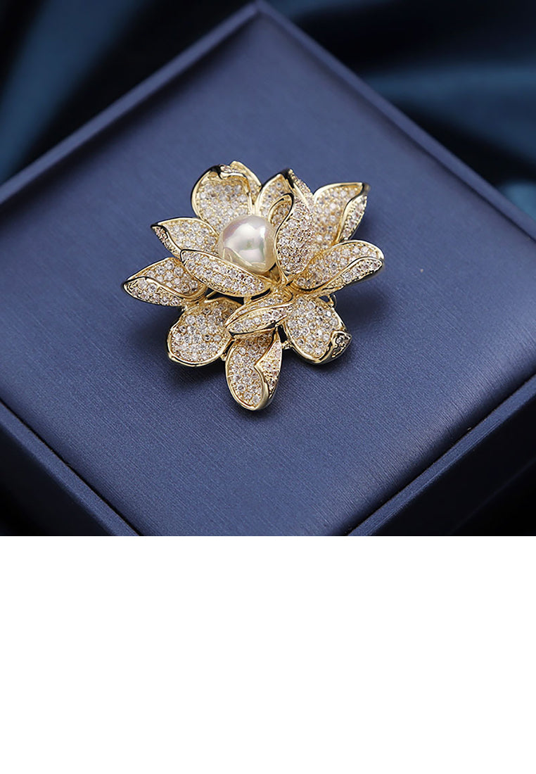 Fashion and Elegant Plated Gold Lotus White Imitation Pearl Brooch with Cubic Zirconia - Luxurious Look