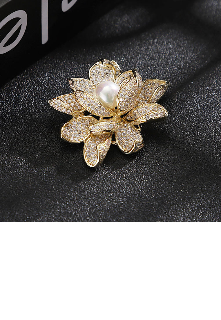 Fashion and Elegant Plated Gold Lotus White Imitation Pearl Brooch with Cubic Zirconia - Luxurious Look