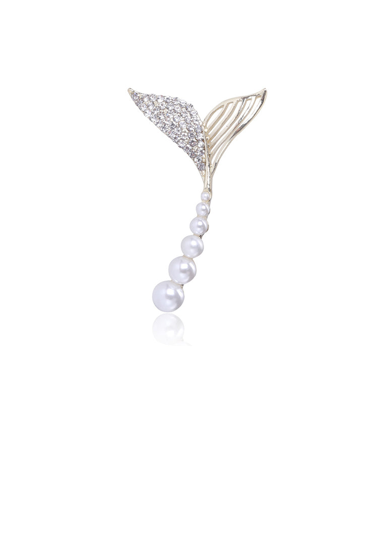 Fashion and Elegant Plated Gold Fish Tail Imitation Pearl Brooch with Cubic Zirconia - Luxurious Look