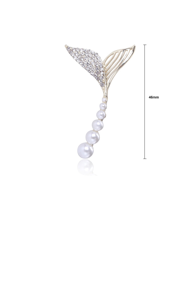 Fashion and Elegant Plated Gold Fish Tail Imitation Pearl Brooch with Cubic Zirconia - Luxurious Look