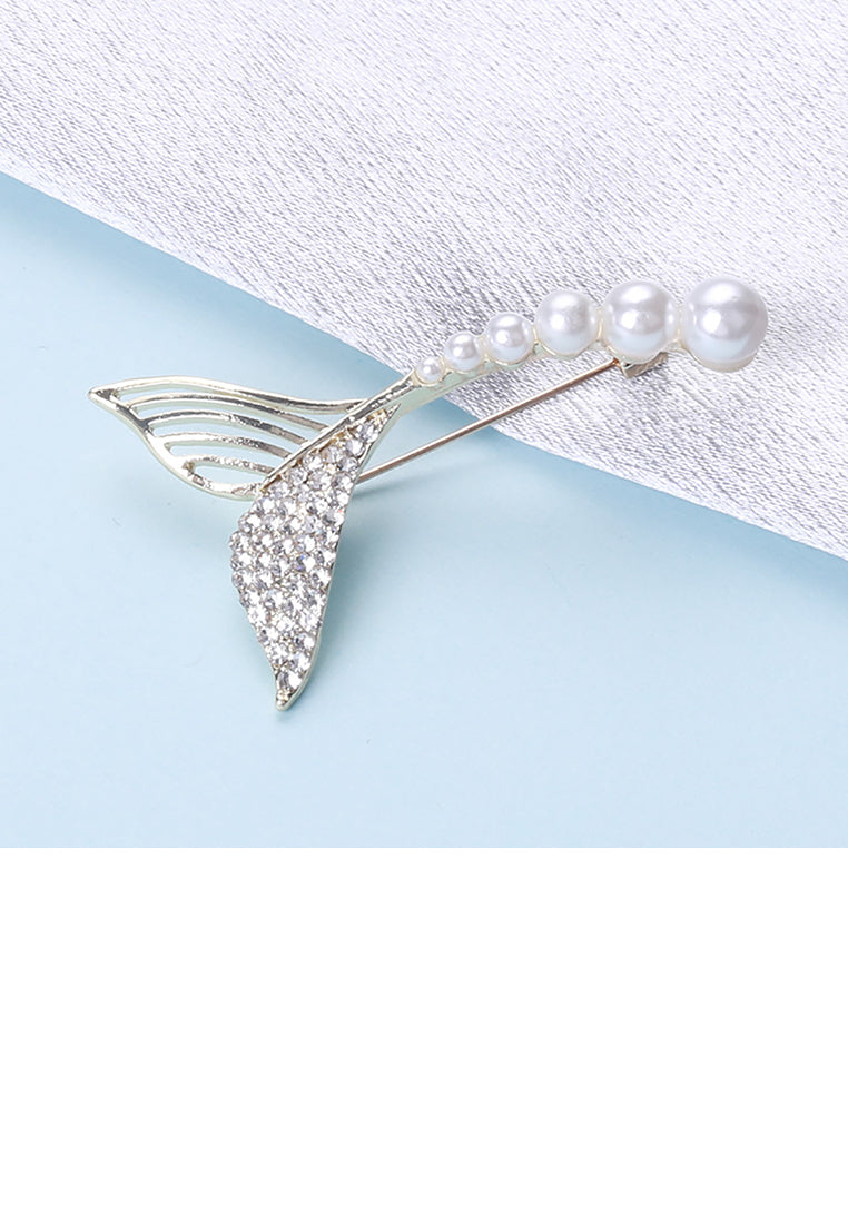 Fashion and Elegant Plated Gold Fish Tail Imitation Pearl Brooch with Cubic Zirconia - Luxurious Look