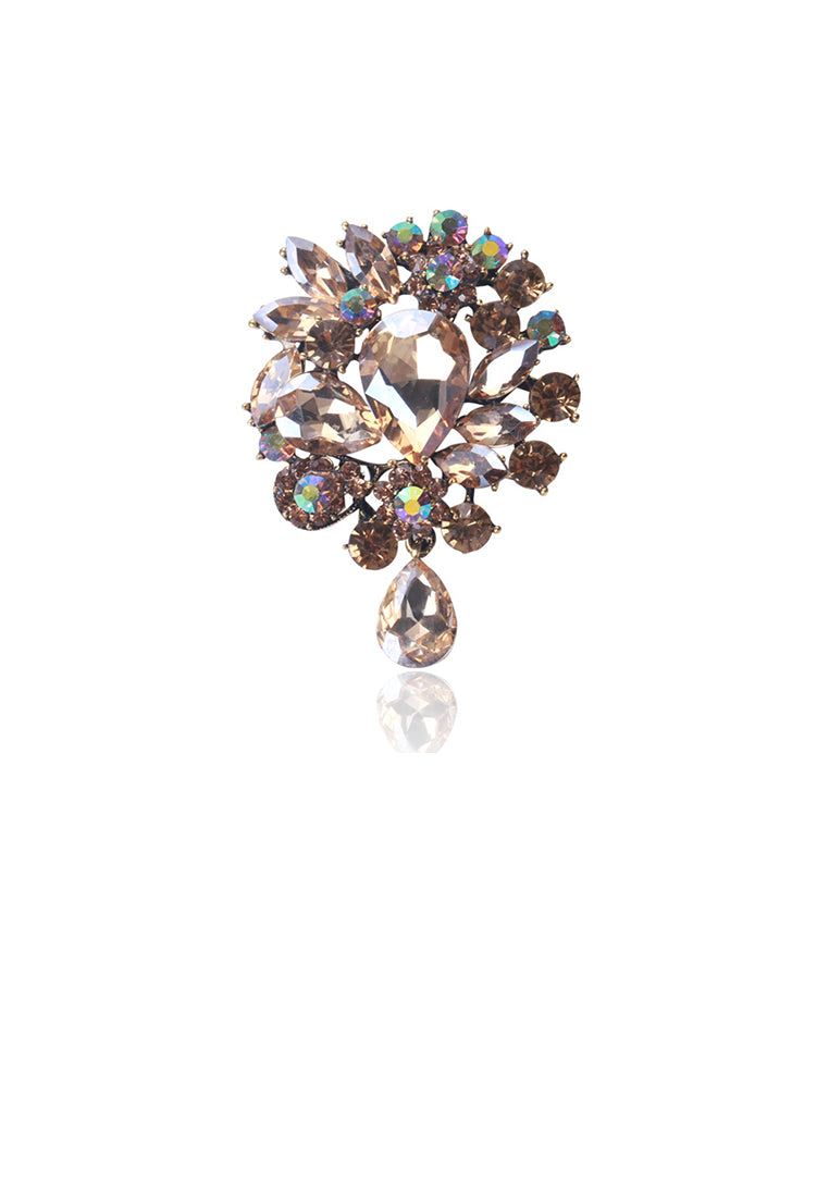 Fashion and Elegant Plated Gold Floral Brooch with Brown Cubic Zirconia - Luxurious Look - Vibrant Color