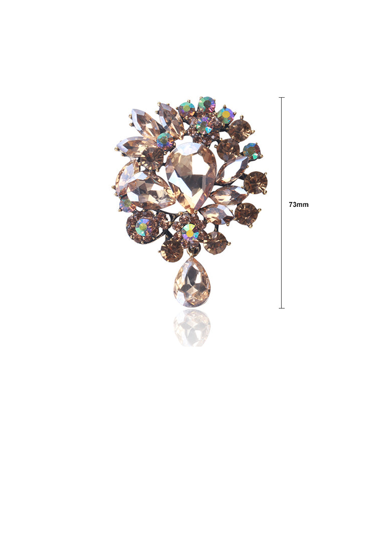 Fashion and Elegant Plated Gold Floral Brooch with Brown Cubic Zirconia - Luxurious Look - Vibrant Color
