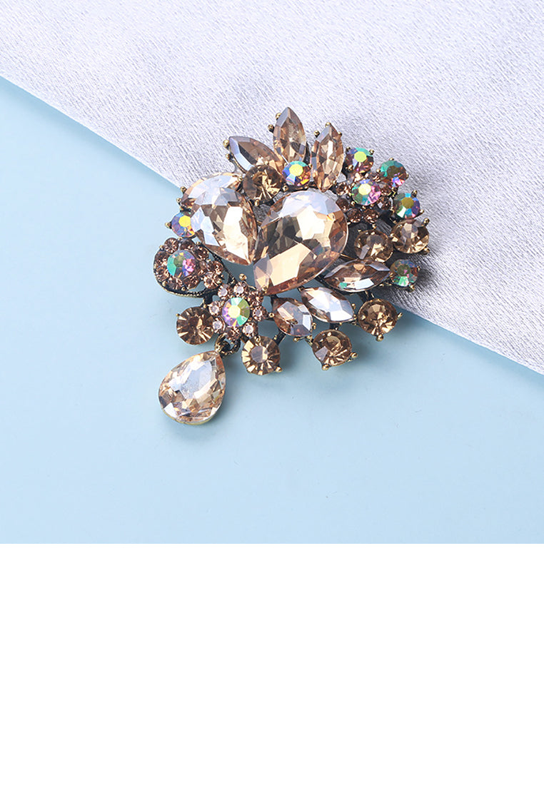 Fashion and Elegant Plated Gold Floral Brooch with Brown Cubic Zirconia - Luxurious Look - Vibrant Color
