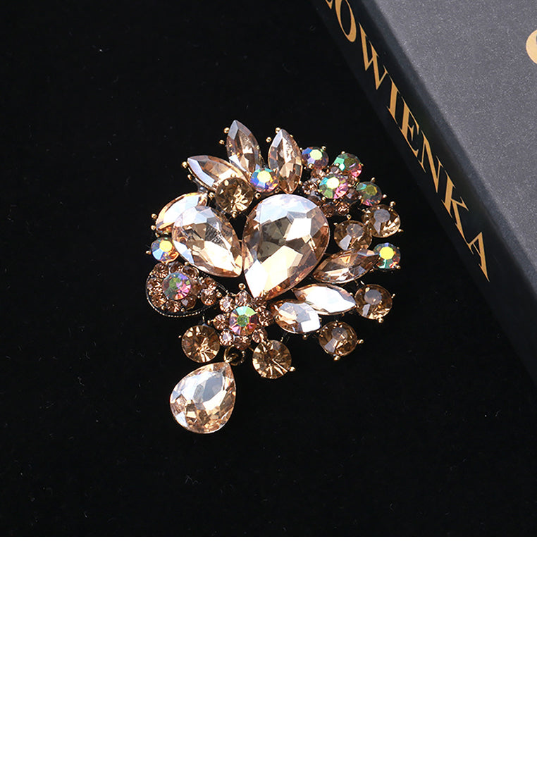 Fashion and Elegant Plated Gold Floral Brooch with Brown Cubic Zirconia - Luxurious Look - Vibrant Color