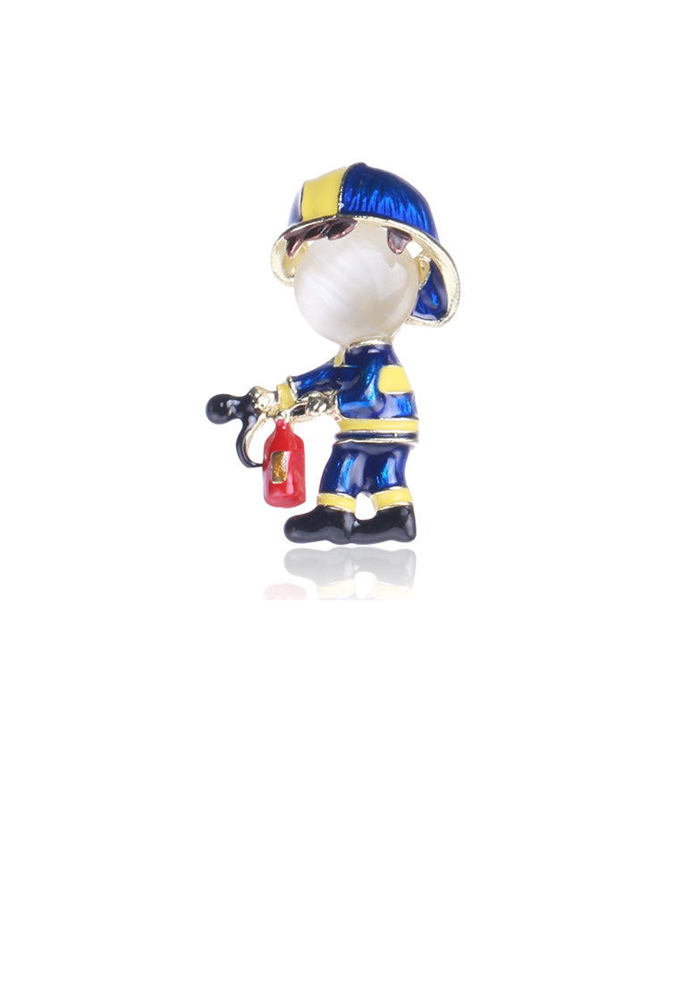 Fashion and Cute Plated Gold Enamel Blue Firefighter Imitation Opal Brooch