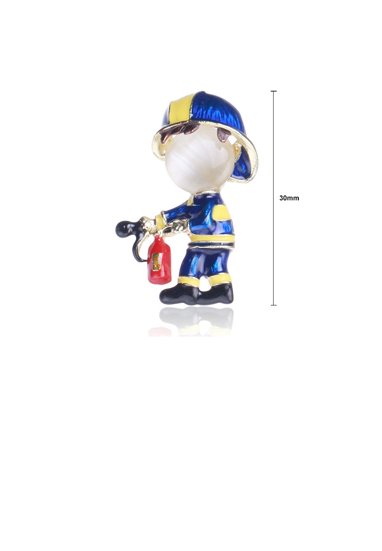 Fashion and Cute Plated Gold Enamel Blue Firefighter Imitation Opal Brooch