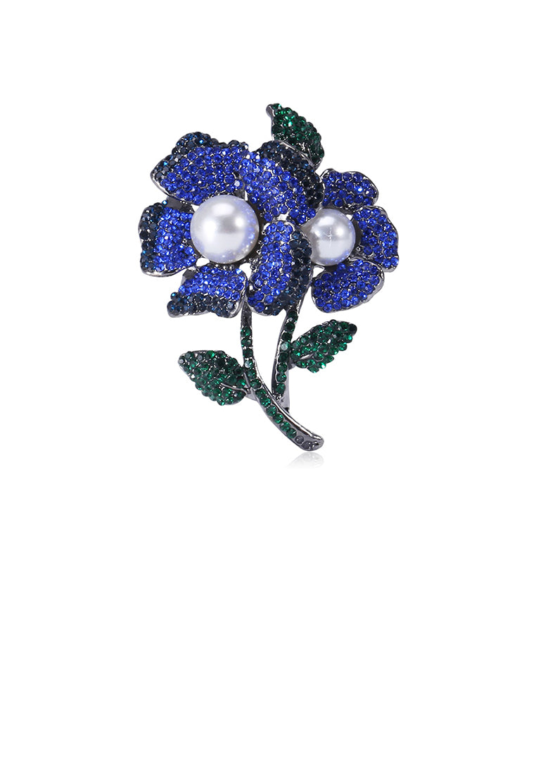 Fashion Bright Blue Double Flower Imitation Pearl Brooch with Cubic Zirconia - Luxurious Look