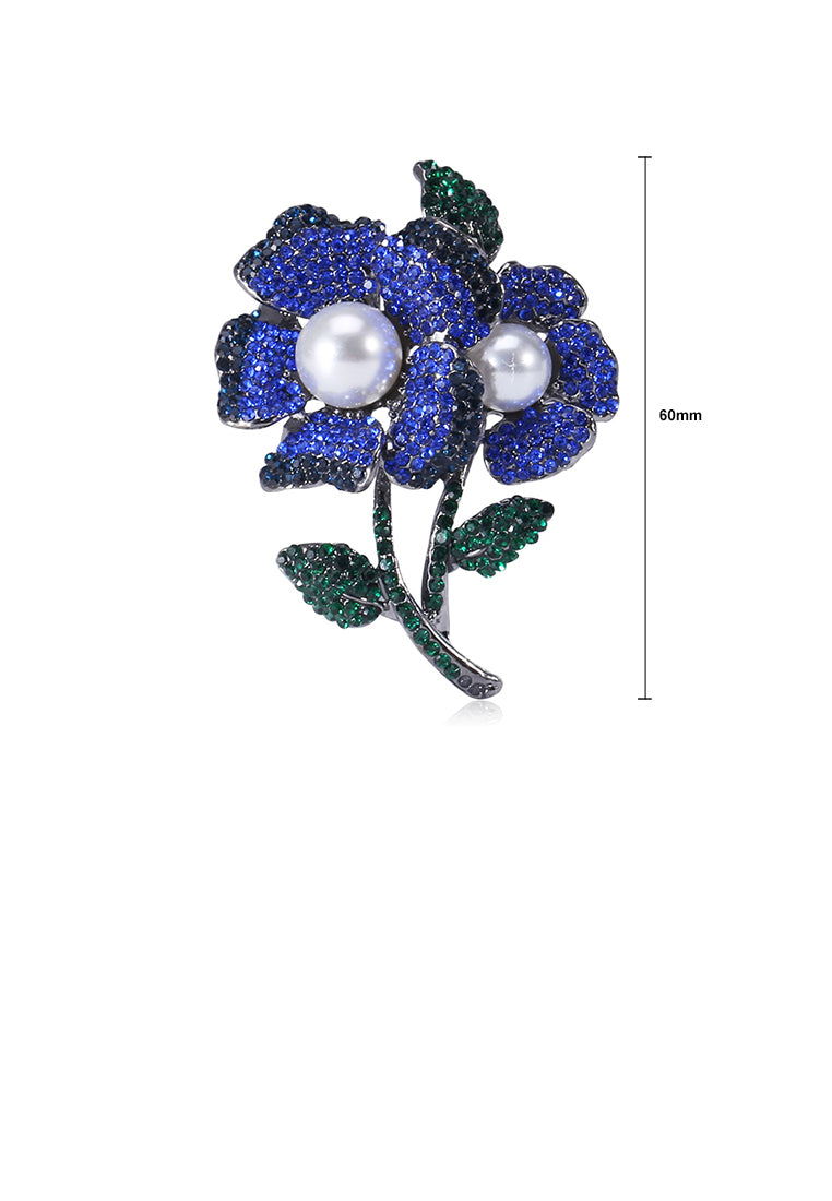 Fashion Bright Blue Double Flower Imitation Pearl Brooch with Cubic Zirconia - Luxurious Look