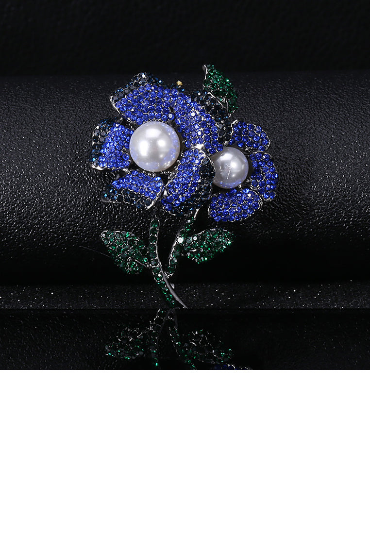 Fashion Bright Blue Double Flower Imitation Pearl Brooch with Cubic Zirconia - Luxurious Look