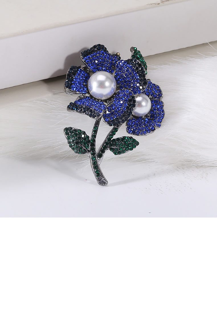 Fashion Bright Blue Double Flower Imitation Pearl Brooch with Cubic Zirconia - Luxurious Look