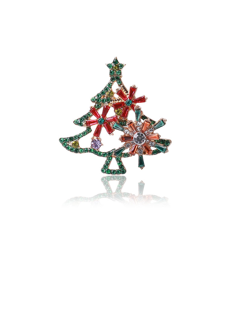 Fashion and Elegant Plated Gold Christmas Tree Red Flower Brooch with Cubic Zirconia - Luxurious Look - Vibrant Color