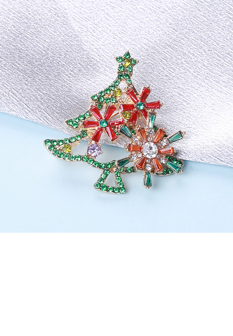 Fashion and Elegant Plated Gold Christmas Tree Red Flower Brooch with Cubic Zirconia - Luxurious Look - Vibrant Color