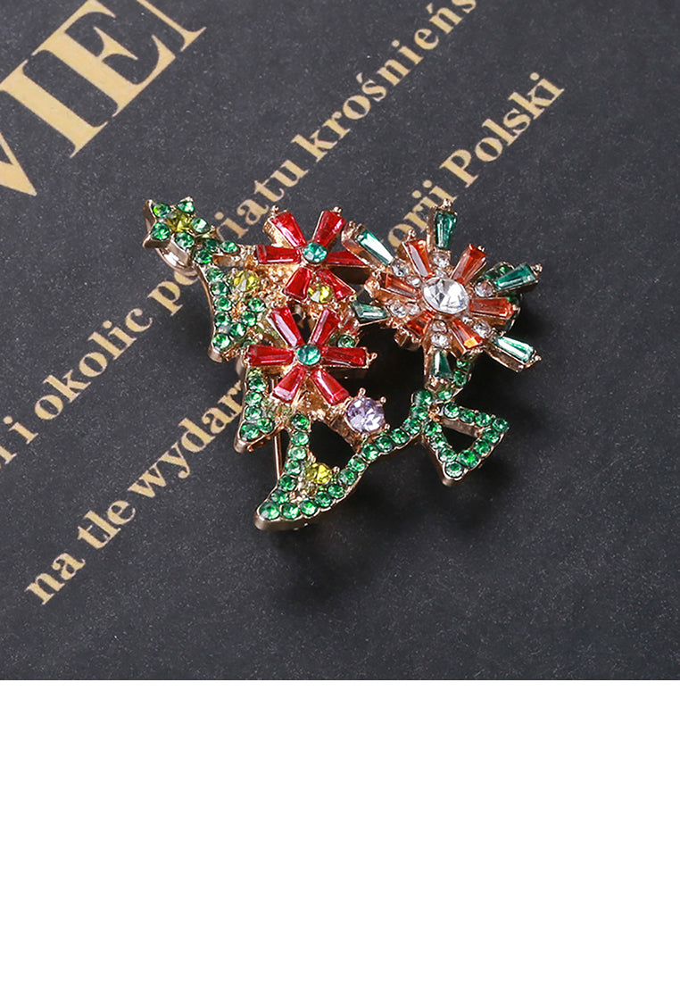 Fashion and Elegant Plated Gold Christmas Tree Red Flower Brooch with Cubic Zirconia - Luxurious Look - Vibrant Color