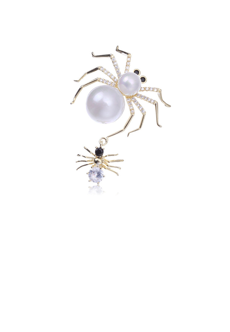 Fashion Personality Plated Gold Spider Imitation Pearl Brooch with Cubic Zirconia - Luxurious Look