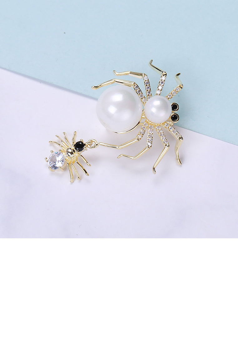 Fashion Personality Plated Gold Spider Imitation Pearl Brooch with Cubic Zirconia - Luxurious Look