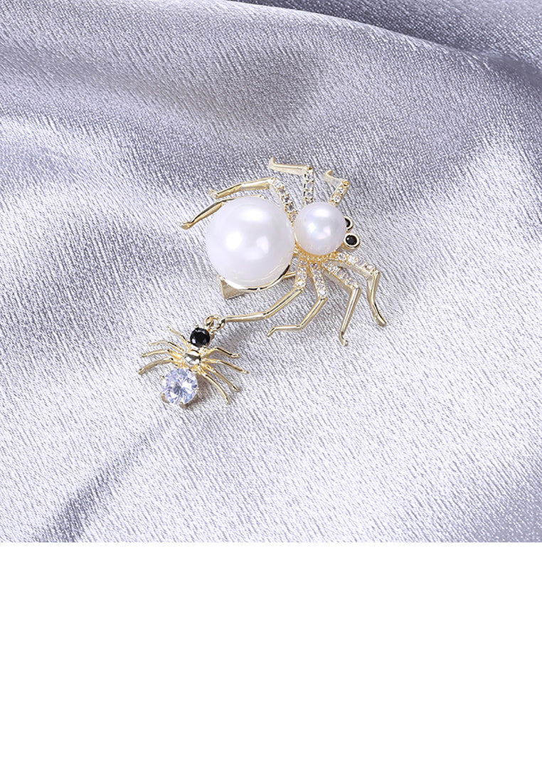 Fashion Personality Plated Gold Spider Imitation Pearl Brooch with Cubic Zirconia - Luxurious Look