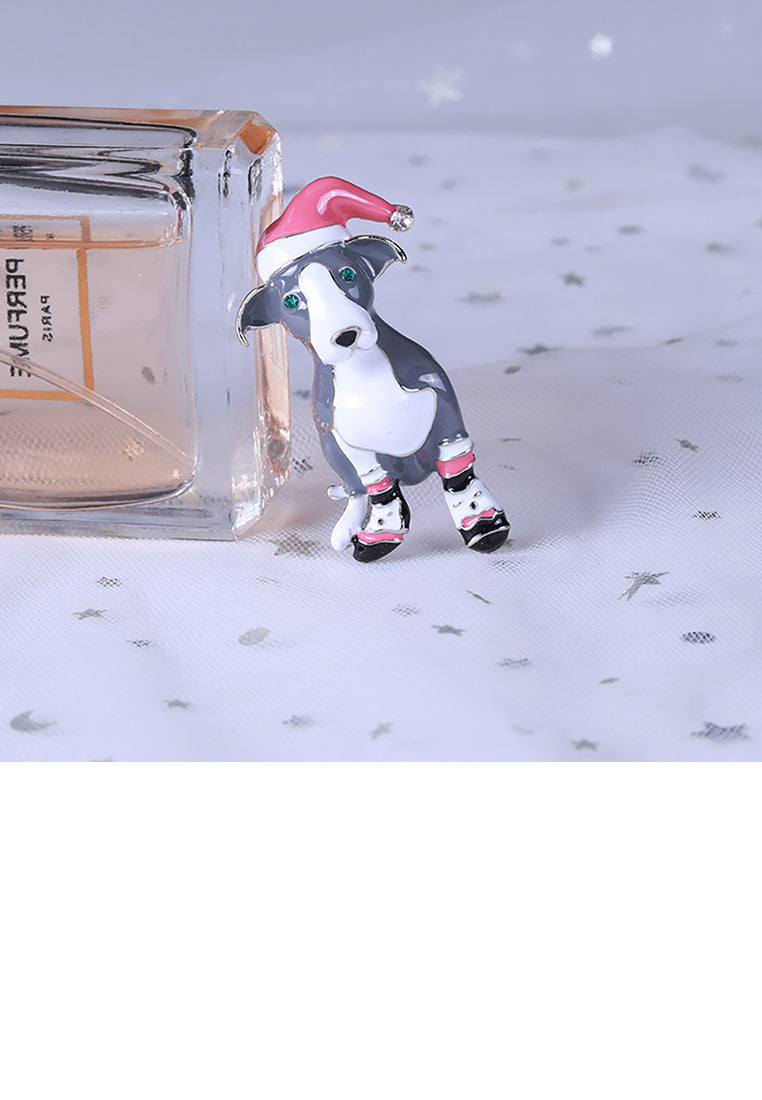 Fashion Cute Enamel Grey Puppy Brooch with Cubic Zirconia - Luxurious Look