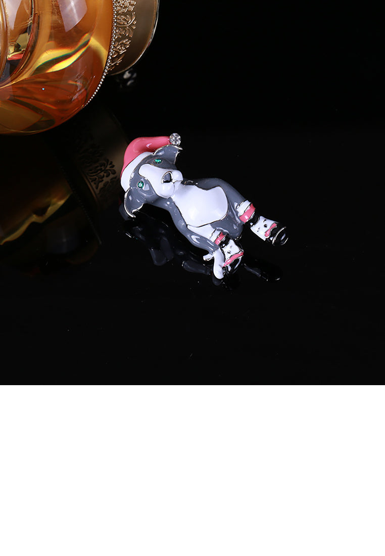 Fashion Cute Enamel Grey Puppy Brooch with Cubic Zirconia - Luxurious Look