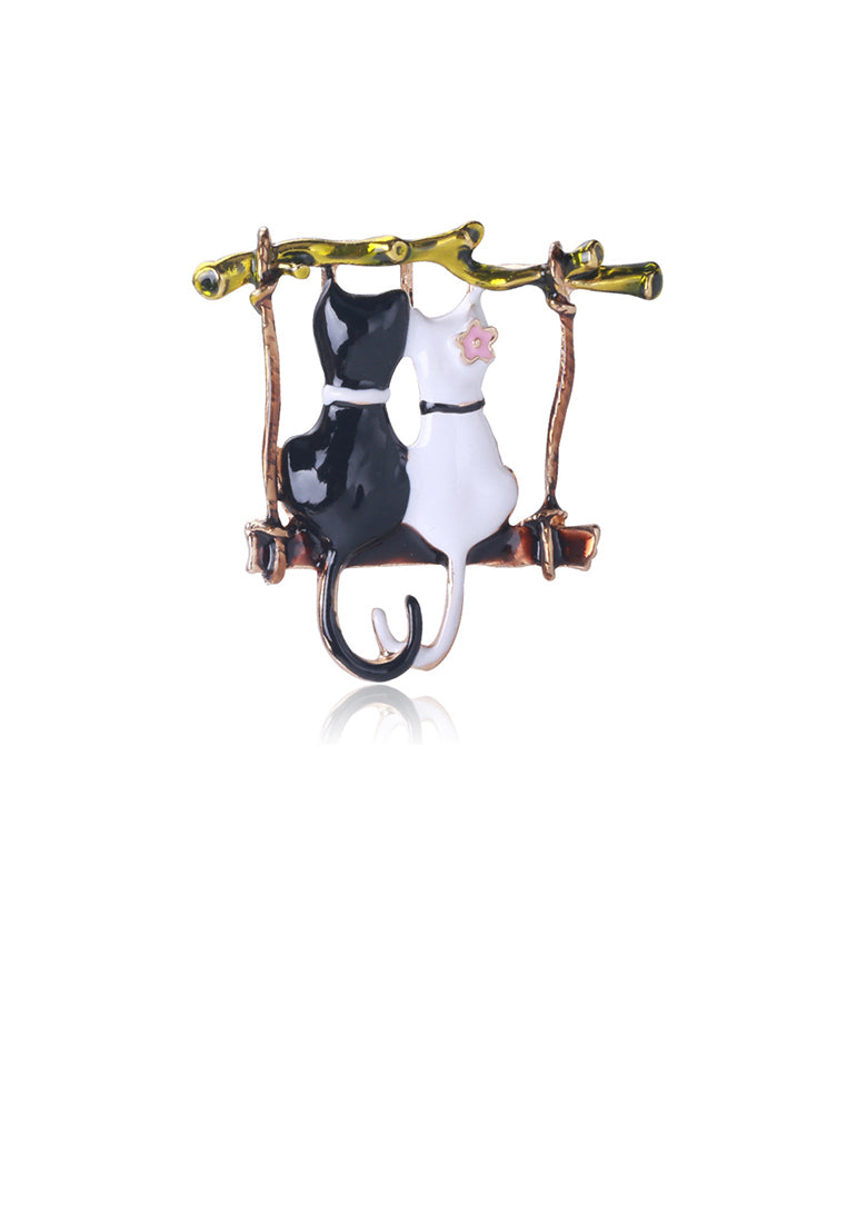 Fashion and Lovely Plated Gold Enamel Black and White Double Cat Brooch