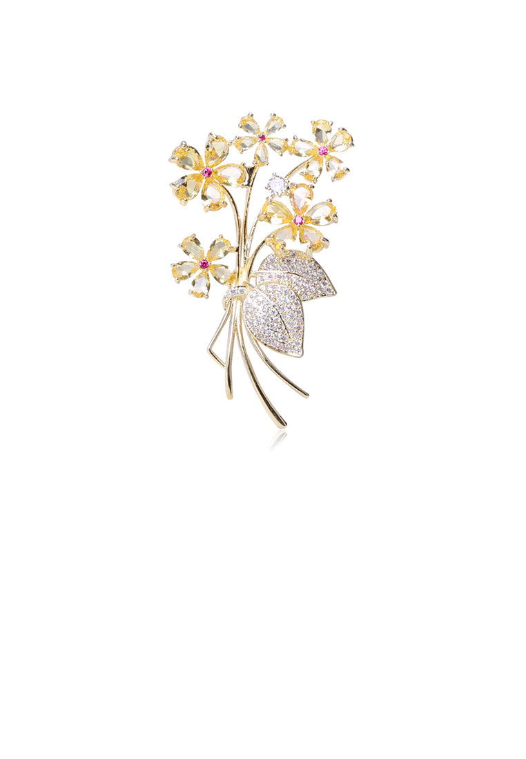 Fashion Bright Plated Gold Flower Brooch with Yellow Cubic Zirconia - Luxurious Look