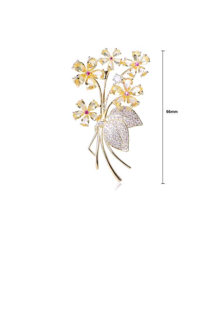Fashion Bright Plated Gold Flower Brooch with Yellow Cubic Zirconia - Luxurious Look