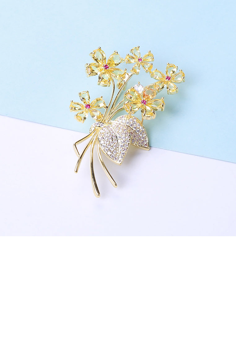 Fashion Bright Plated Gold Flower Brooch with Yellow Cubic Zirconia - Luxurious Look