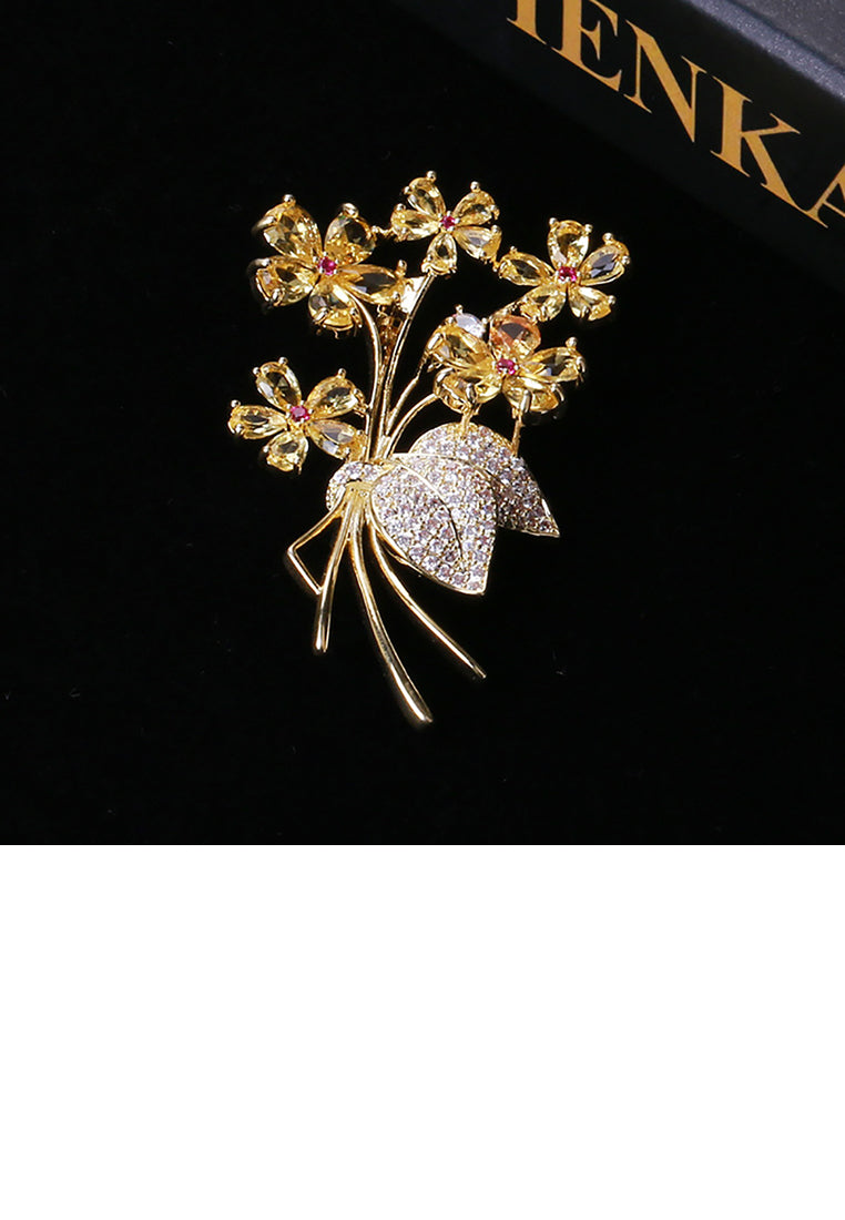 Fashion Bright Plated Gold Flower Brooch with Yellow Cubic Zirconia - Luxurious Look