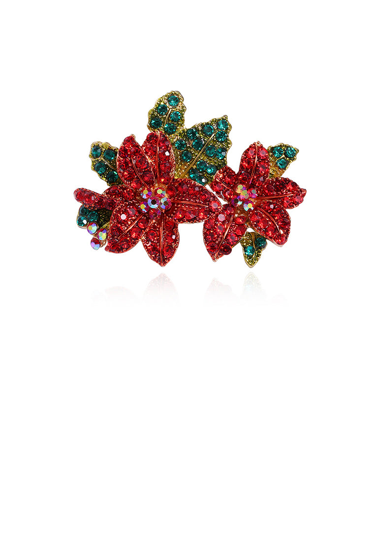 Elegant and Bright Plated Gold Double Flower Brooch with Cubic Zirconia - Luxurious Look