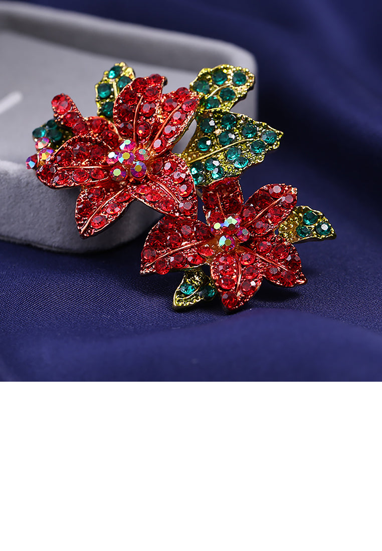 Elegant and Bright Plated Gold Double Flower Brooch with Cubic Zirconia - Luxurious Look