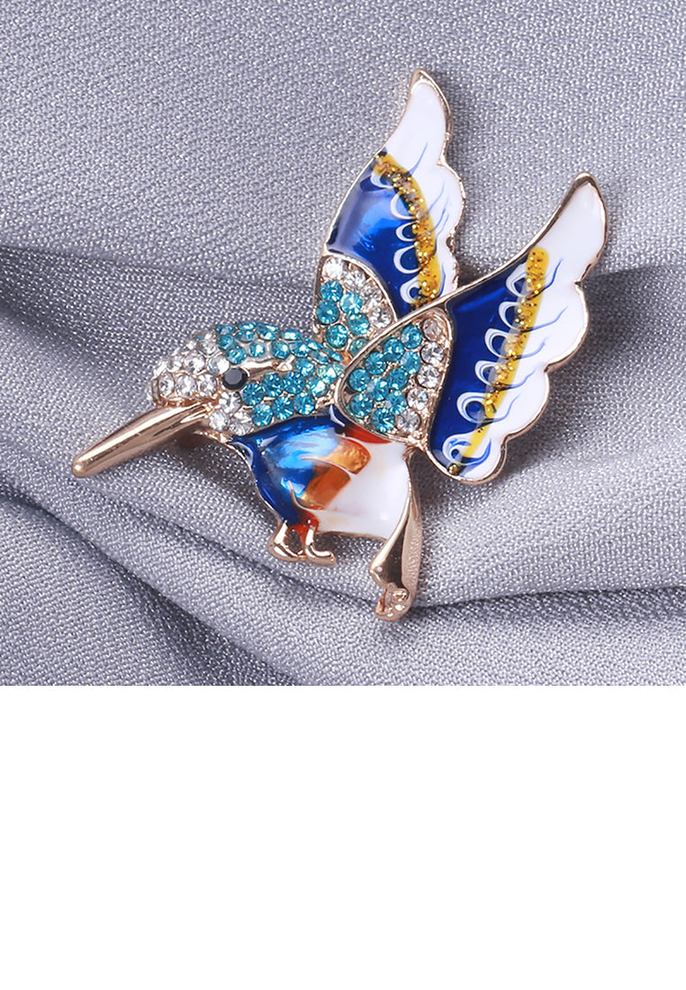 Fashion and Lovely Plated Gold Enamel Blue Bird Brooch with Cubic Zirconia - Luxurious Look