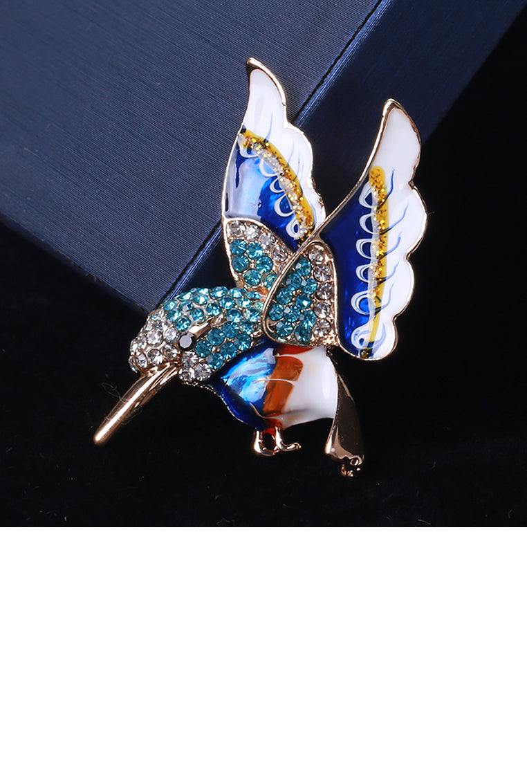 Fashion and Lovely Plated Gold Enamel Blue Bird Brooch with Cubic Zirconia - Luxurious Look