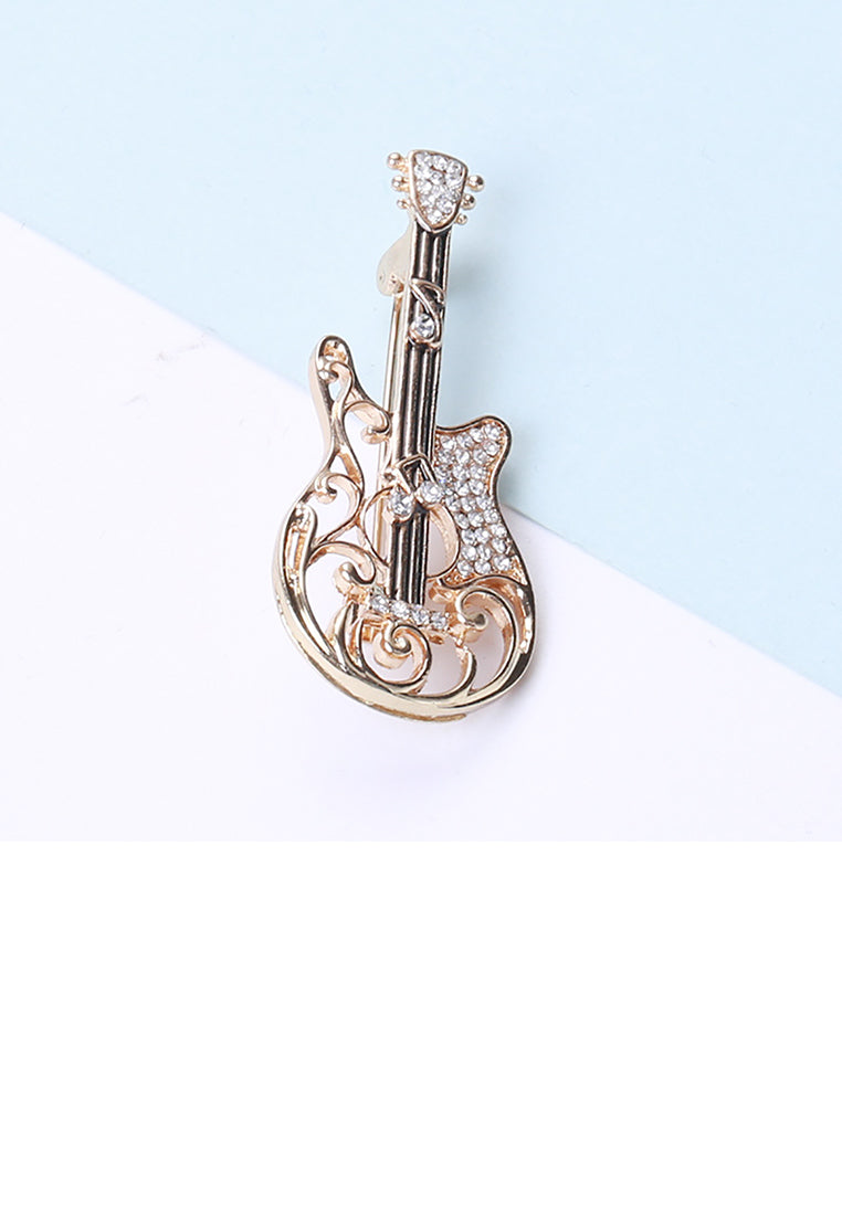 Fashion and Simple Plated Gold Guitar Brooch with Cubic Zirconia - Luxurious Look
