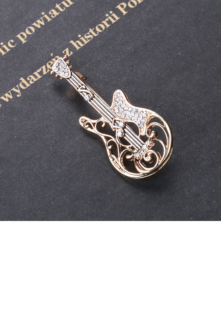 Fashion and Simple Plated Gold Guitar Brooch with Cubic Zirconia - Luxurious Look