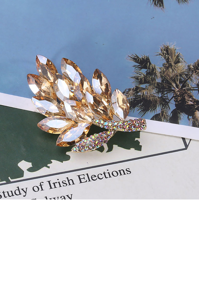 Fashion Bright Plated Gold Floral Brooch with Champagne Cubic Zirconia - Luxurious Look