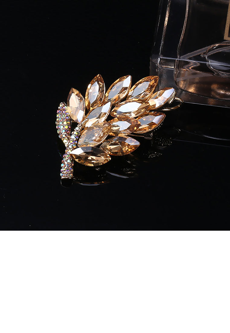 Fashion Bright Plated Gold Floral Brooch with Champagne Cubic Zirconia - Luxurious Look