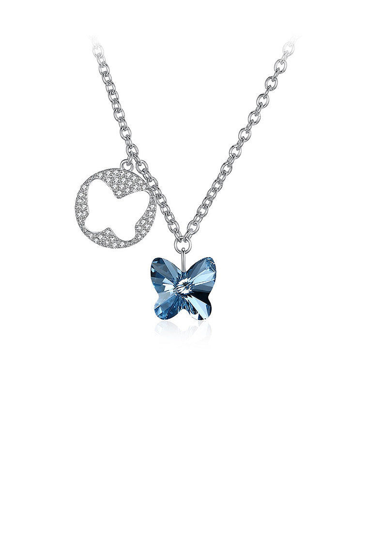 925 Sterling Silver Elegant Butterfly Pendant with Blue Austrian Element Crystal and Necklace