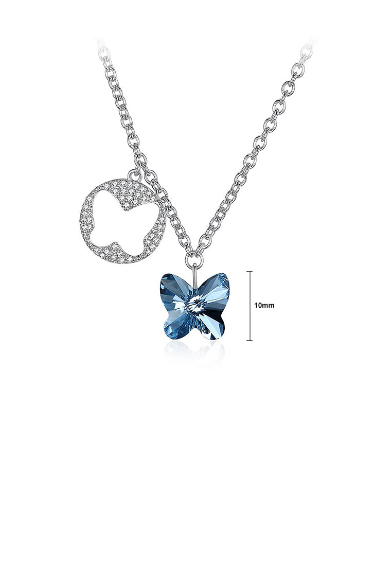925 Sterling Silver Elegant Butterfly Pendant with Blue Austrian Element Crystal and Necklace