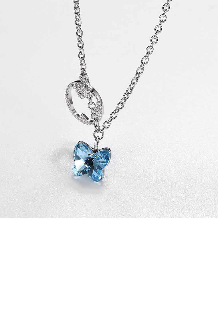 925 Sterling Silver Elegant Butterfly Pendant with Blue Austrian Element Crystal and Necklace