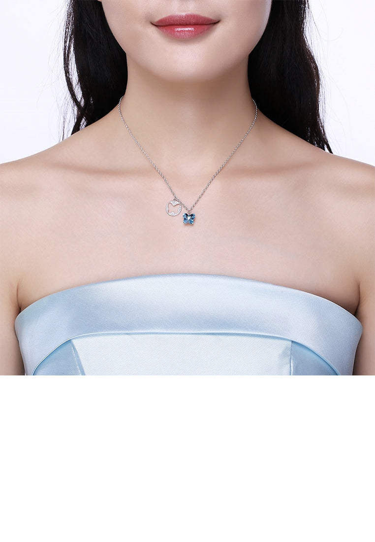 925 Sterling Silver Elegant Butterfly Pendant with Blue Austrian Element Crystal and Necklace